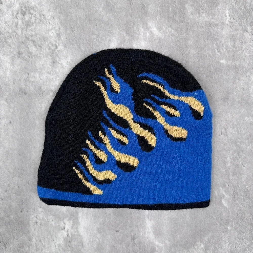 Vintage Flame Beanie Skater Style Made in USA 90s Grunge Surf Blue